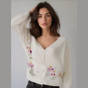 PacifiCotton Bryn Walker Cream Floral Acrylic Paint  Boho Y2K Cottagecore Top S